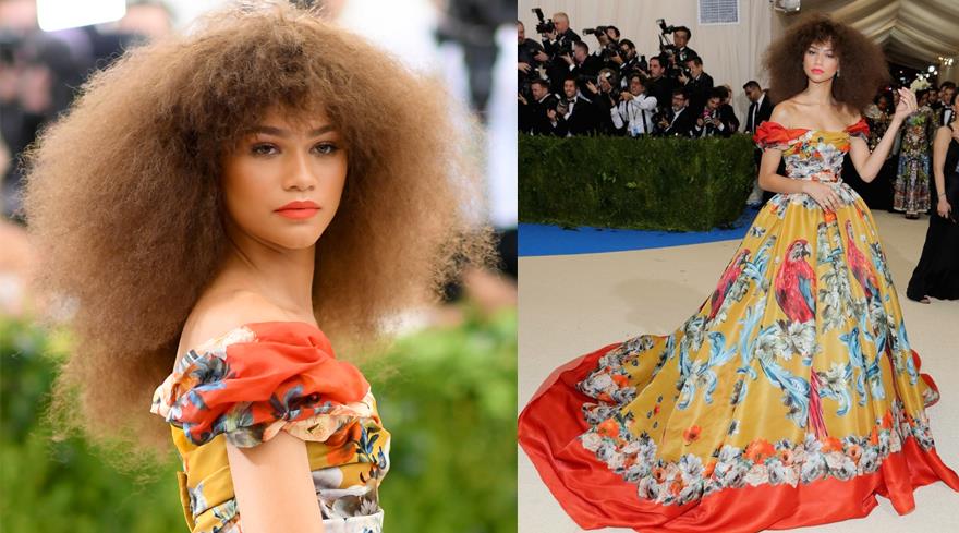Zendaya'nın Kabarık Saçlarına Eşlik Eden Kuşlu ve Çiçekli Elbisesi